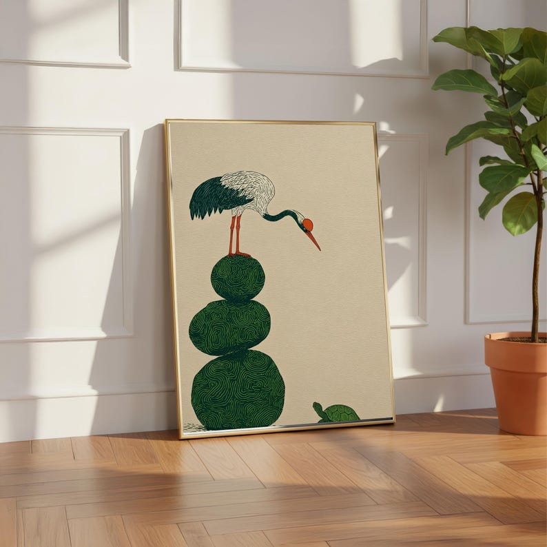 Japanese Woodblock Print Style Crane and Turtle Wall Art | Minimalist Zen Decor image 3