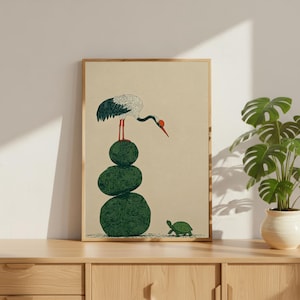 Japanese Woodblock Print Style Crane and Turtle Wall Art | Minimalist Zen Decor image 6
