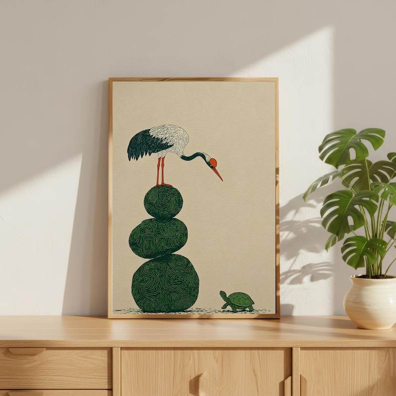 Japanese Woodblock Print Style Crane and Turtle Wall Art | Minimalist Zen Decor image 6