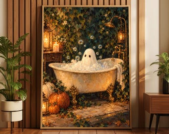 Cute Ghost Bathtub Art | Vintage Halloween Bathroom Decor | Cozy Spooky Bathroom Print | Whimsical Ghost Bubble Bath | Moody Autumn Wall Art