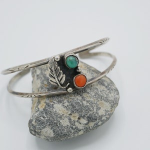 Vintage Southwestern Sterling Silver Turquoise Cuff Bracelet with Coral About 6-1/2 Inches SP15