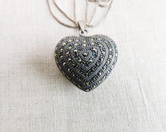 Vintage Marcasite Sterling Puffy Heart Pendant Necklace 24 Inch Sterling Chain