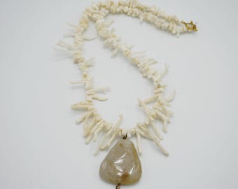 Chunky White Coral Necklace Branch Coral Necklace with Rutilated Quartz Pendant