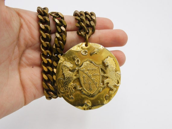 Heavy Brass Medallion Necklace Lions and Shield B… - image 2