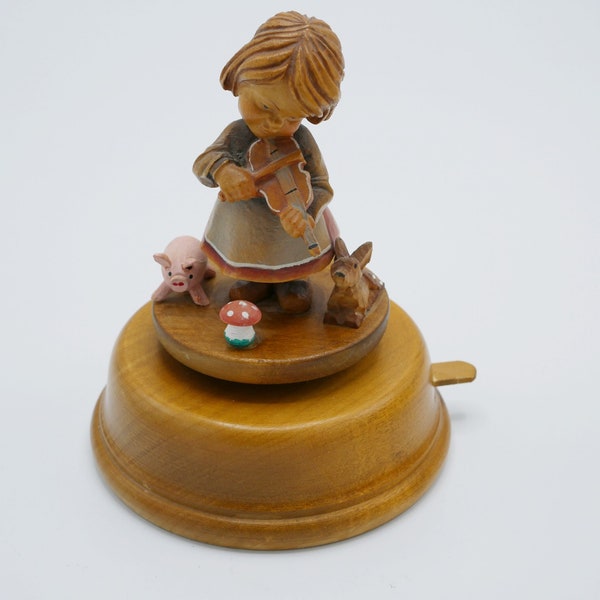 Vintage Anri Thorens Carved Wood Wind-Up Music Box Turning Girl with Violin Swiss Movement