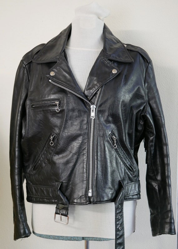 Vintage Fringed Leather Motorcycle Jacket Black L… - image 1