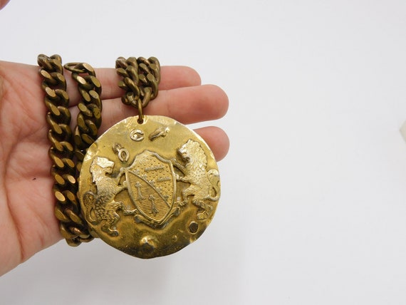 Heavy Brass Medallion Necklace Lions and Shield B… - image 3