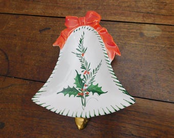 Vintage Hand Painted Bell Dish Christmas Bell Candy Dish Red Green Made in Italy