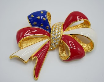 Vintage Joan Rivers Bow Pin Brooch Red White Blue with Rhinestones