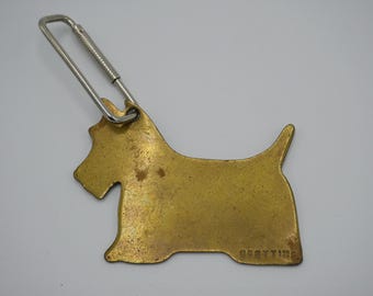 Vintage Brass Scottie Dog Key Chain Fob Flat Brass