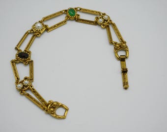 Gold Rhinestone and Faux Pearl Link Bracelet 7 1/2 inches