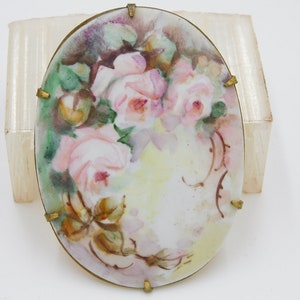 Vintage Hand Painted Porcelain Brooch Large Oval Brooch Pin Artist Signed Painted Porcelain K34