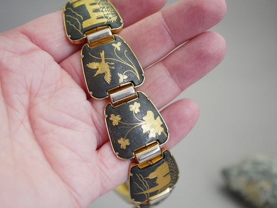 Vintage Spanish Damascene Link Bracelet Black and Gold Jewelry LM5