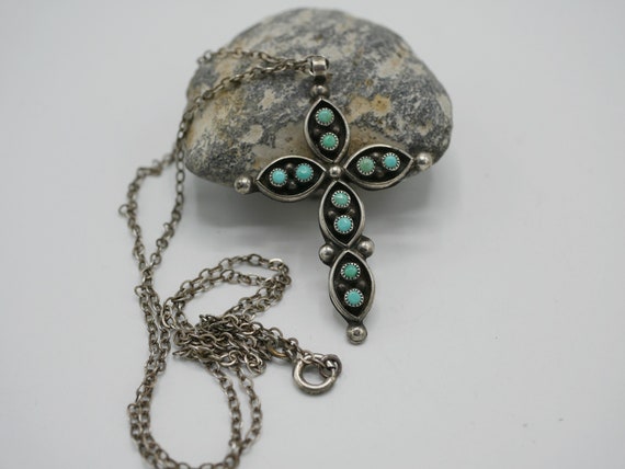 Vintage Southwestern Turquoise Cross Necklace Ste… - image 1