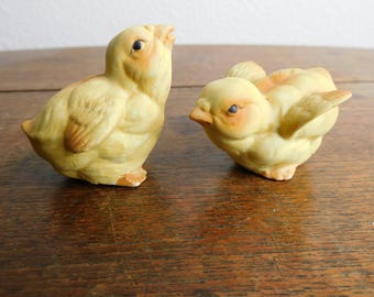 Pair of Vintage Ceramic Chick Figurines Matte Porcelain Yellow Baby Chicks