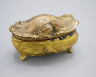 Antique Art Nouveau Gold Gilt Jewelry Box Small Gold Box with Tattered Silk Lining  AP4