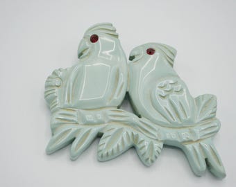 Vintage Celluloid Bird Pin Pale Blue Birds Pin Large Carved Celluloid Pin