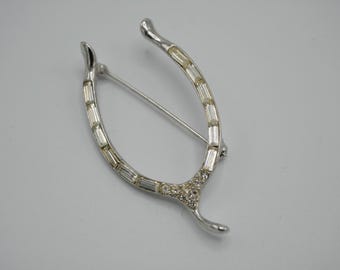 Vintage Rhinestone Wishbone Pin Brooch Clear Rhinestones