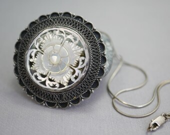 Vintage Sterling Silver Mother of Pearl Pendant Necklace Jerusalem Silver .935 18 Inch Chain Convertible to a Pin LP25