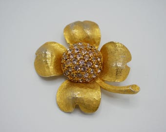 Vintage Hobe' Gold Flower Pin with Pink Rhinestones