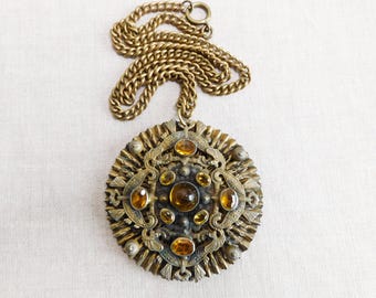 Vintage Large Czech Rhinestone Pendant Necklace 22 Inch Chain Statement Necklace