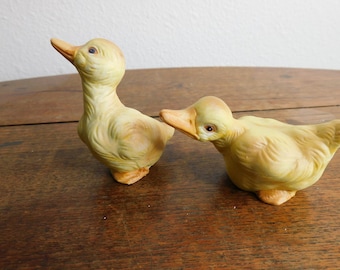 Pair of Vintage Ceramic Duck Figurines Matte Porcelain Yellow Ducklings
