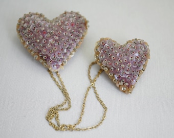 Victorian Felted Heart Pin Set with Sequins Puffy Heart Pins Handmade Felted Heart Pins LM4