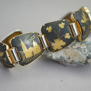Vintage Spanish Damascene Link Bracelet Black and Gold Jewelry LM5