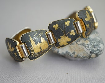 Vintage Spanish Damascene Link Bracelet Black and Gold Jewelry LM5