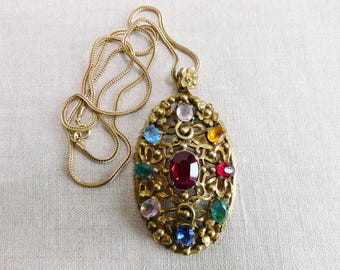 Vintage Czech Rhinestone Pendant Necklace 24 Inch Chain