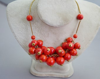 Vintage Red Orange Beaded Necklace Choker Necklace with Red Orange Wood Bead Dangles 15 Inch Necklace  RE22