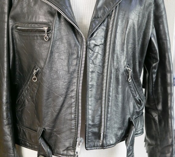 Vintage Fringed Leather Motorcycle Jacket Black L… - image 6