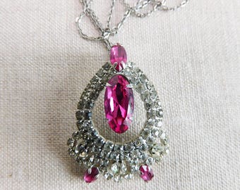 Rhinestone Pendant Necklace Pink Sapphire and Clear Glass Rhinestones