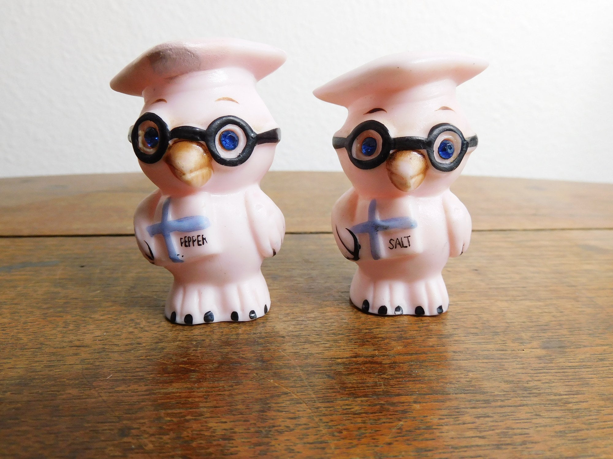 Vintage Pink Glass Owl Salt and Pepper Shakers Rhinestone Eyes