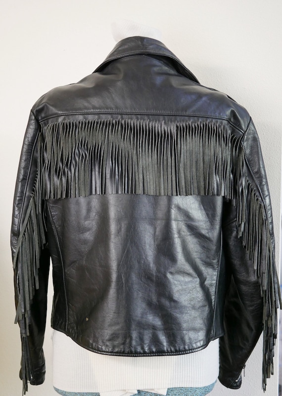 Vintage Fringed Leather Motorcycle Jacket Black L… - image 3