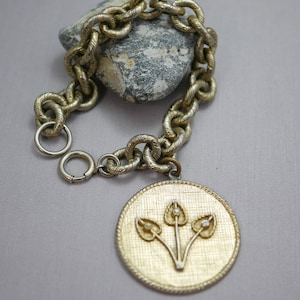Vintage Gold Link Medallion Bracelet with Flower Design and Small Rhinestones XX9