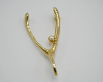 Vintage Faux Pearl Gold Wishbone Pin Brooch