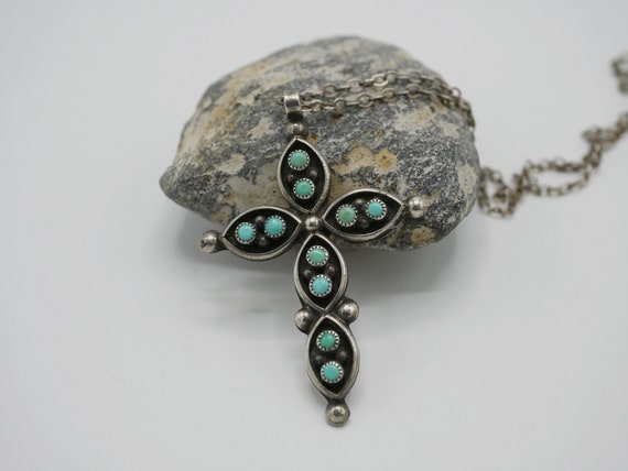 Vintage Southwestern Turquoise Cross Necklace Ste… - image 3