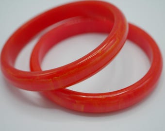 Vintage Orange Marble Bakelite Bangle Set 1/2 inch Wide Pair of Bangles