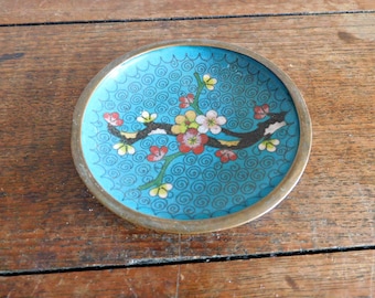 Vintage Cloisonne Dish Cherry Blossom Design Turquoise Blue Dish Chinese Cloisonne Dish BN10