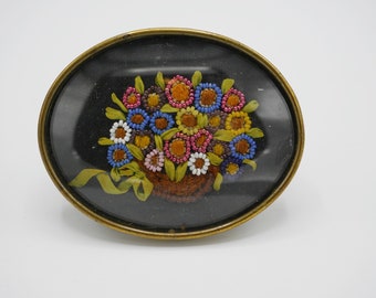Antique Victorian Beaded Pin Brooch Hand Worked Bead and Ribbon Flower Basket in Brass Setting GH22