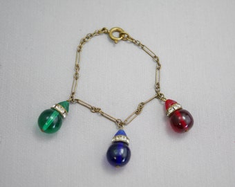 Antique Beaded Chain Bracelet Emerald Sapphire Ruby Glass Bead Charms 6-1/4 Inch Long RE5