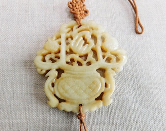 Vintage Carved Jade Hanging Piece with Tassels Yellow Jade Carved Flower Basket