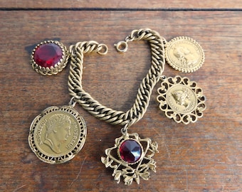 Vintage Antiqued Gold Large Charm Bracelet with Red Glass