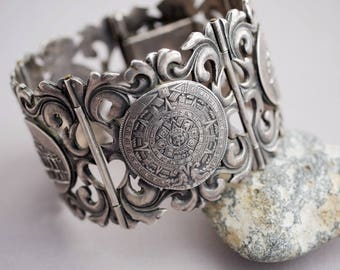 Rare Mexico City Aztec Sterling Silver Bracelet Vintage Art Nouveau Big Mexican Sterling Silver Cuff Bracelet
