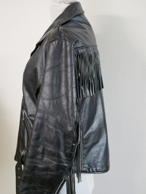 Vintage Fringed Leather Motorcycle Jacket Black L… - image 2