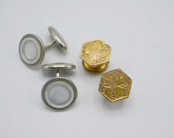 Antique Cufflink Sets Engraved Gold Filled and Silver with Mother of Pearl GH14 Two Pairs