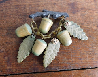 World War ll Wood Plastic Acorn Leaf Pin Brooch