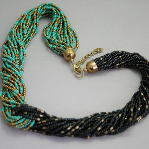 Vintage Seed Bead Necklace Turquoise Green Bronze and Black Multi Strand Beaded Necklace RE26