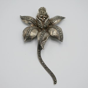Vintage Sterling Silver Marcasite Floral Pin Large Sterling Pin Brooch